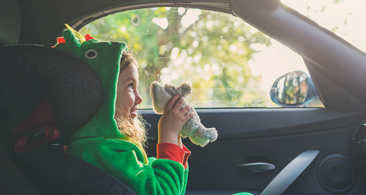 Girl in the passenger seat of the car with a toy in her hand.